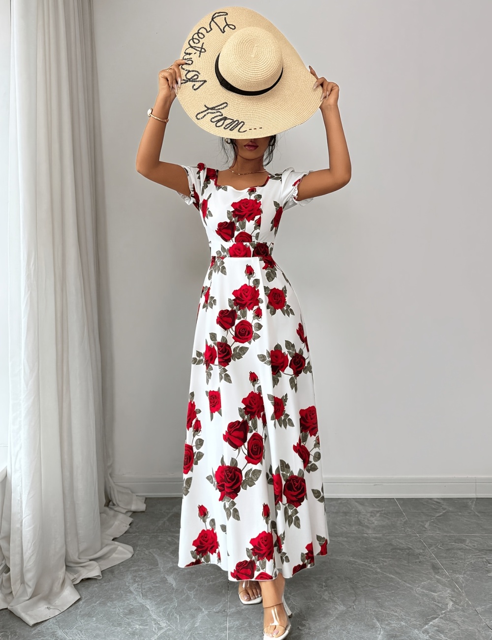 Long printing rose elegant summer dress for women
