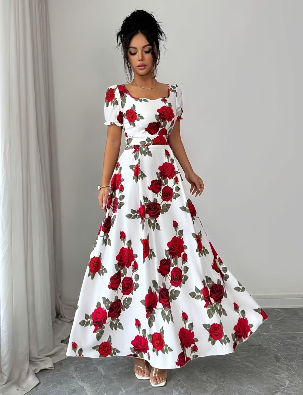 Long printing rose elegant summer dress for women