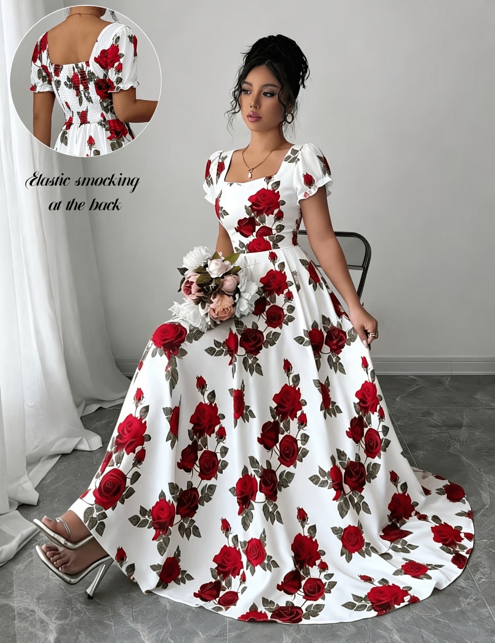 Long printing rose elegant summer dress for women