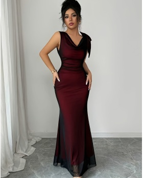 Bow fashion halter elegant long drape neck dress for women