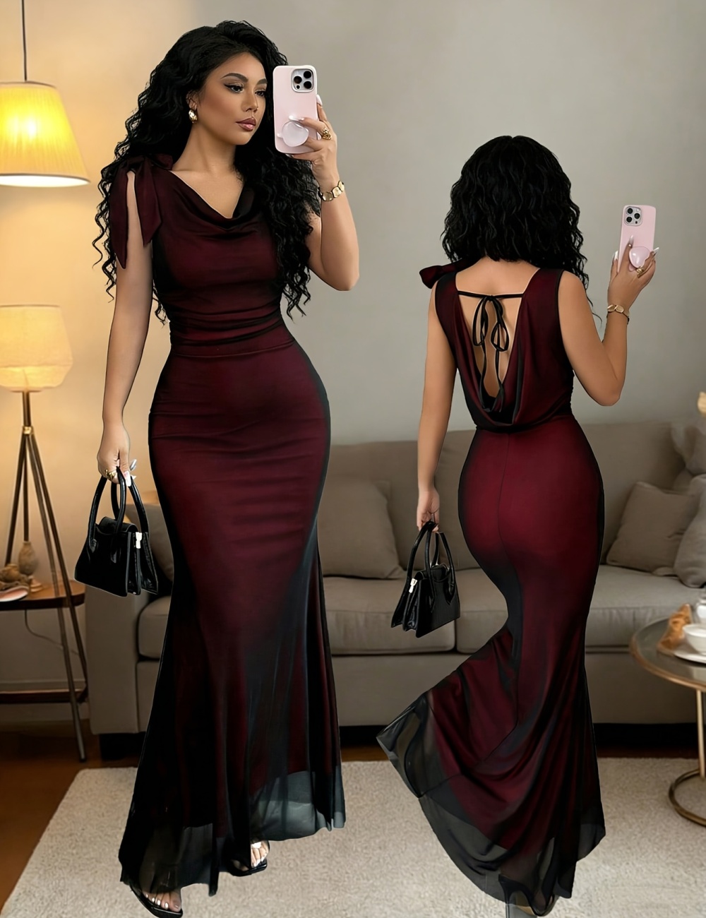 Bow fashion halter elegant long drape neck dress for women