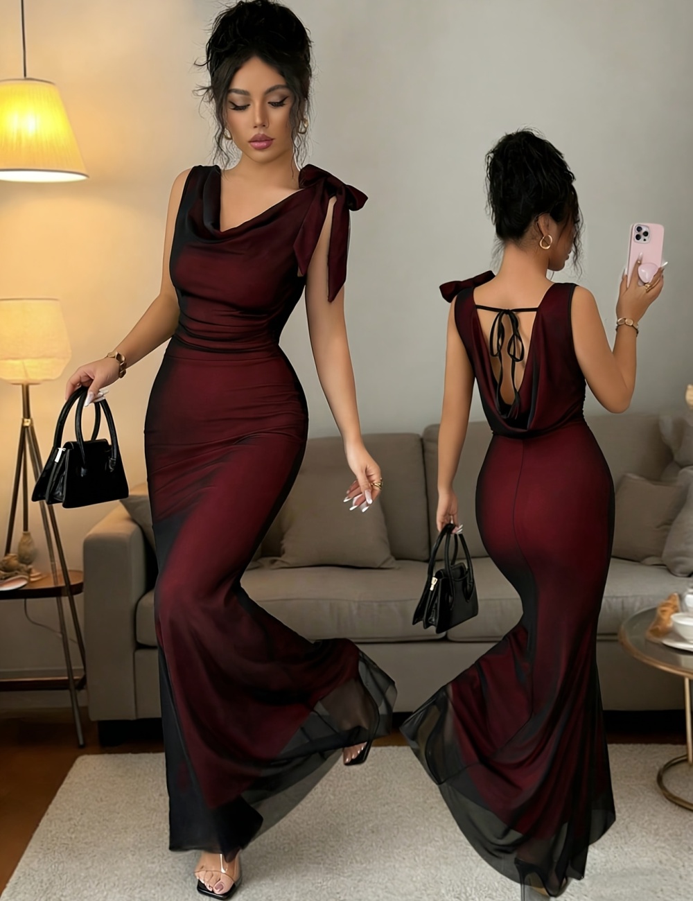 Bow fashion halter elegant long drape neck dress for women