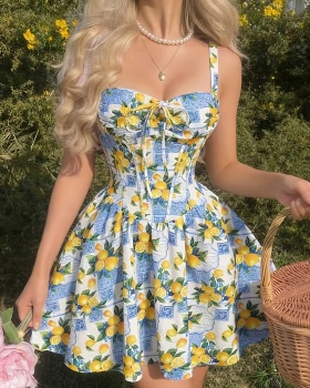 Printing romantic pinched waist dress for women