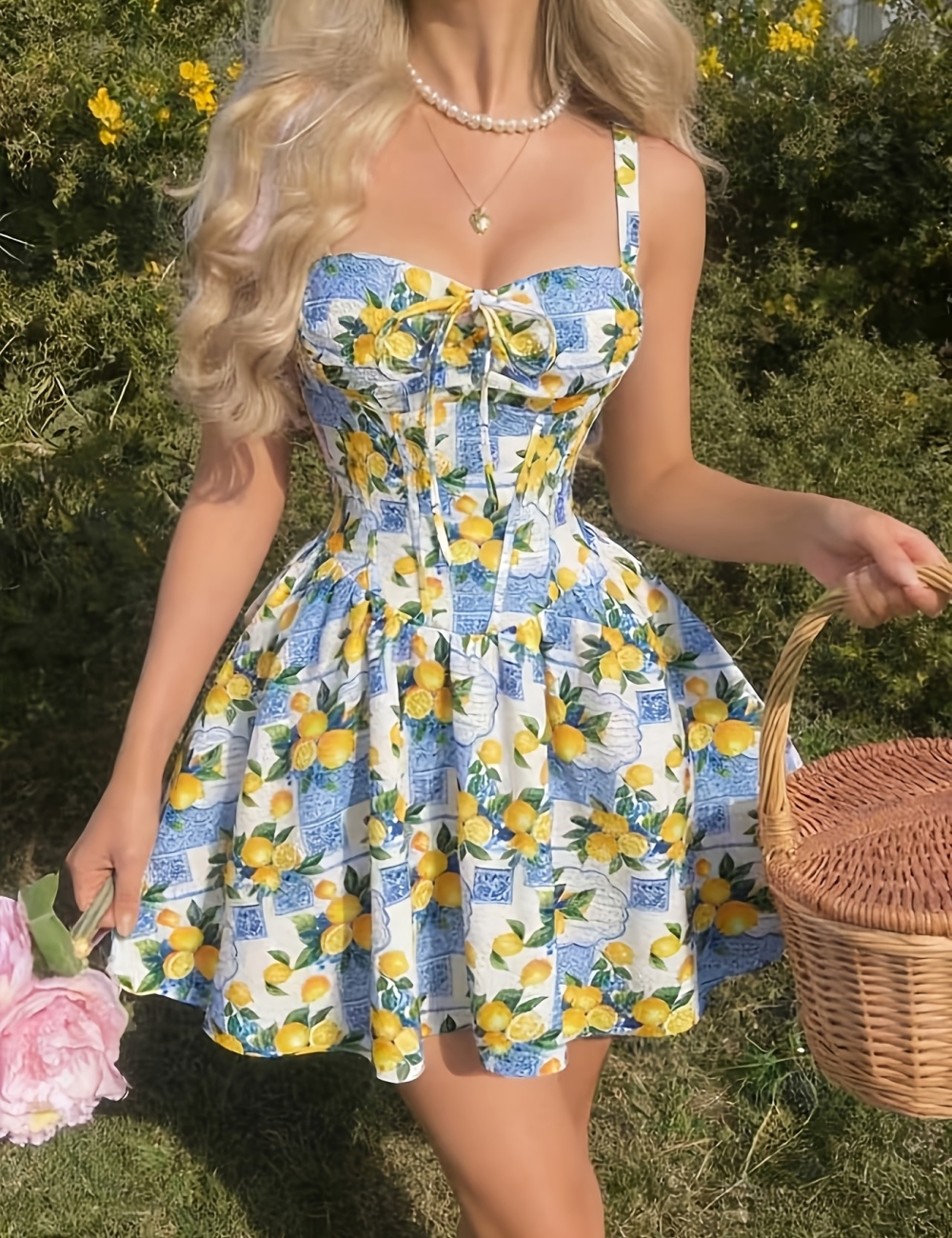 Printing romantic pinched waist dress for women