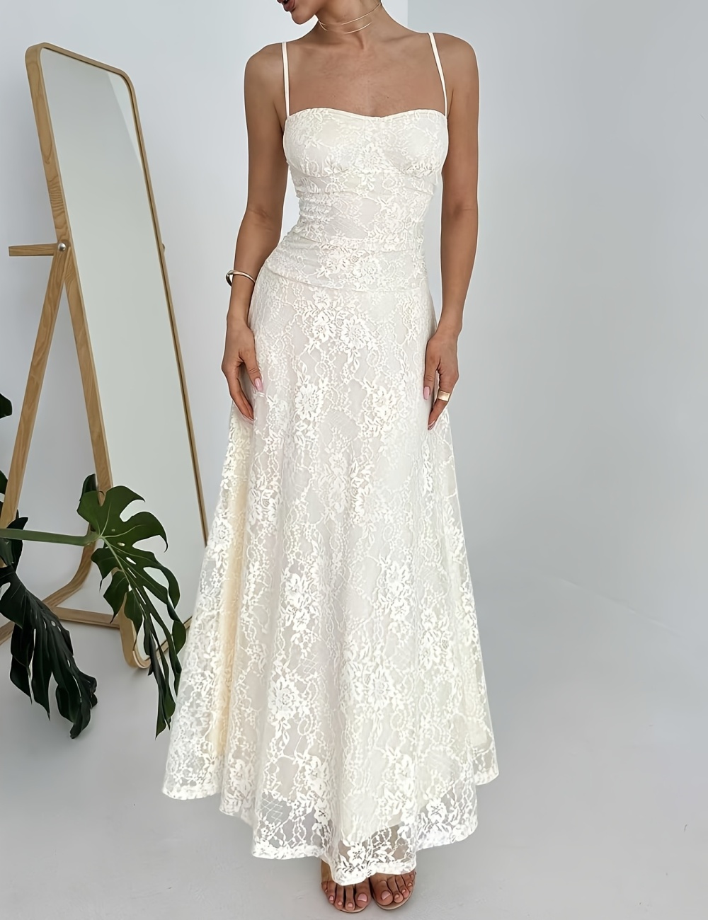 Sling France style summer long lace elegant A-line dress