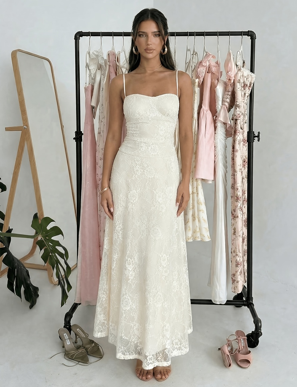 Sling France style summer long lace elegant A-line dress