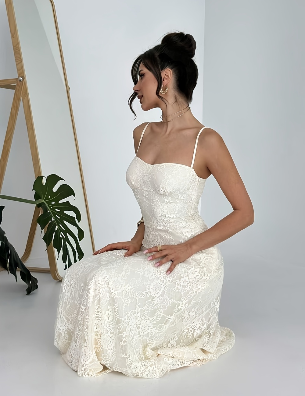 Sling France style summer long lace elegant A-line dress
