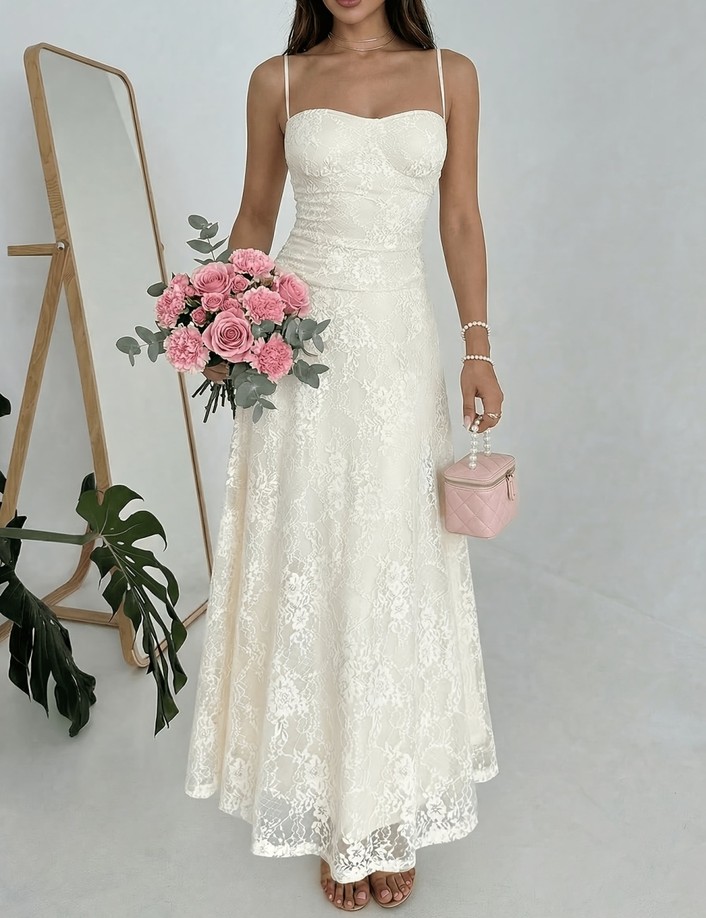 Sling France style summer long lace elegant A-line dress