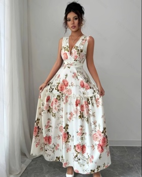 Flowers France style romantic printing elegant summer dress