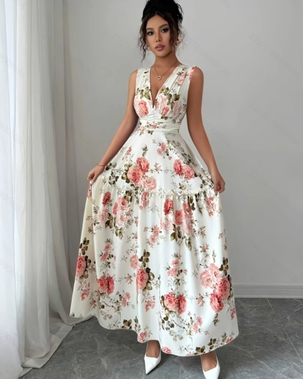 Flowers France style romantic printing elegant summer dress