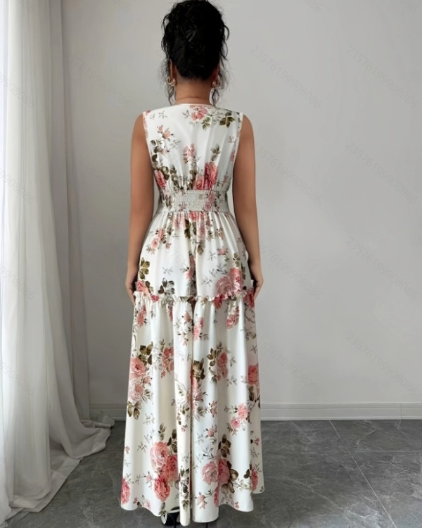 Flowers France style romantic printing elegant summer dress