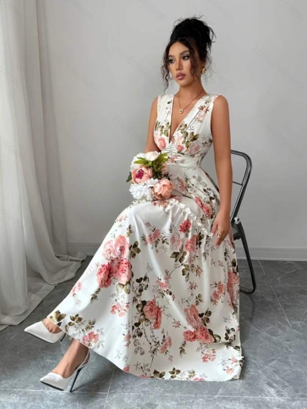 Flowers France style romantic printing elegant summer dress
