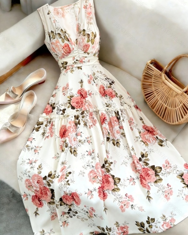 Flowers France style romantic printing elegant summer dress