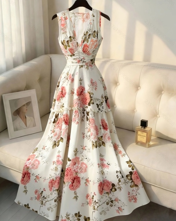 Flowers France style romantic printing elegant summer dress