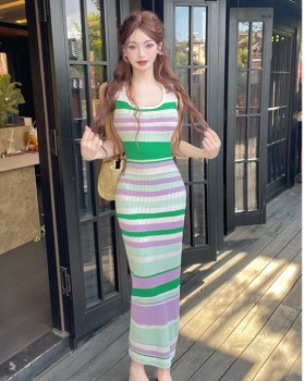White summer vest stripe knitted long dress for women