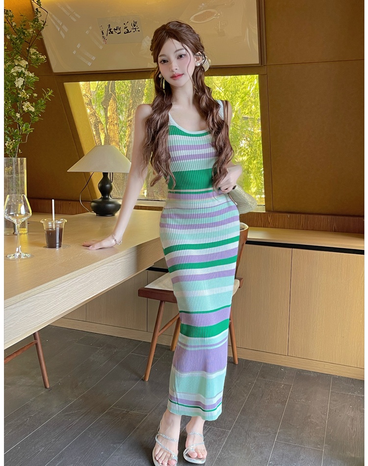 White summer vest stripe knitted long dress for women