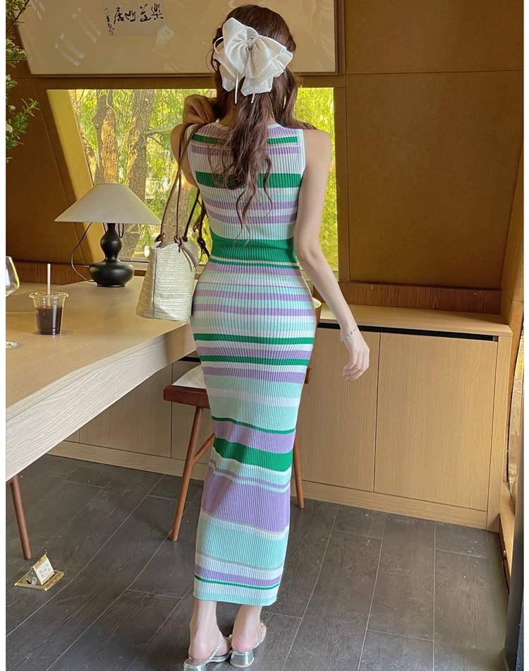 White summer vest stripe knitted long dress for women