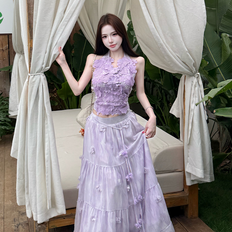 Summer half halter tops gradient lace skirt 2pcs set