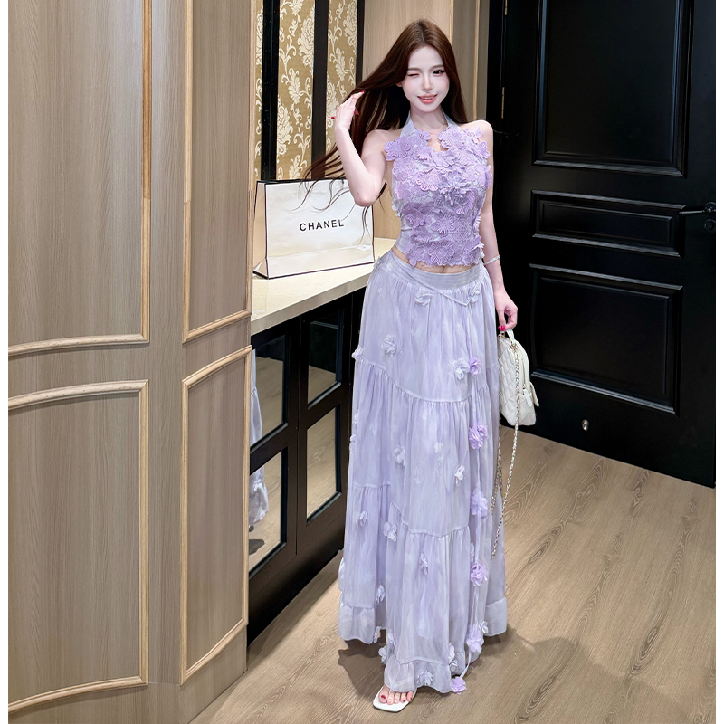 Summer half halter tops gradient lace skirt 2pcs set