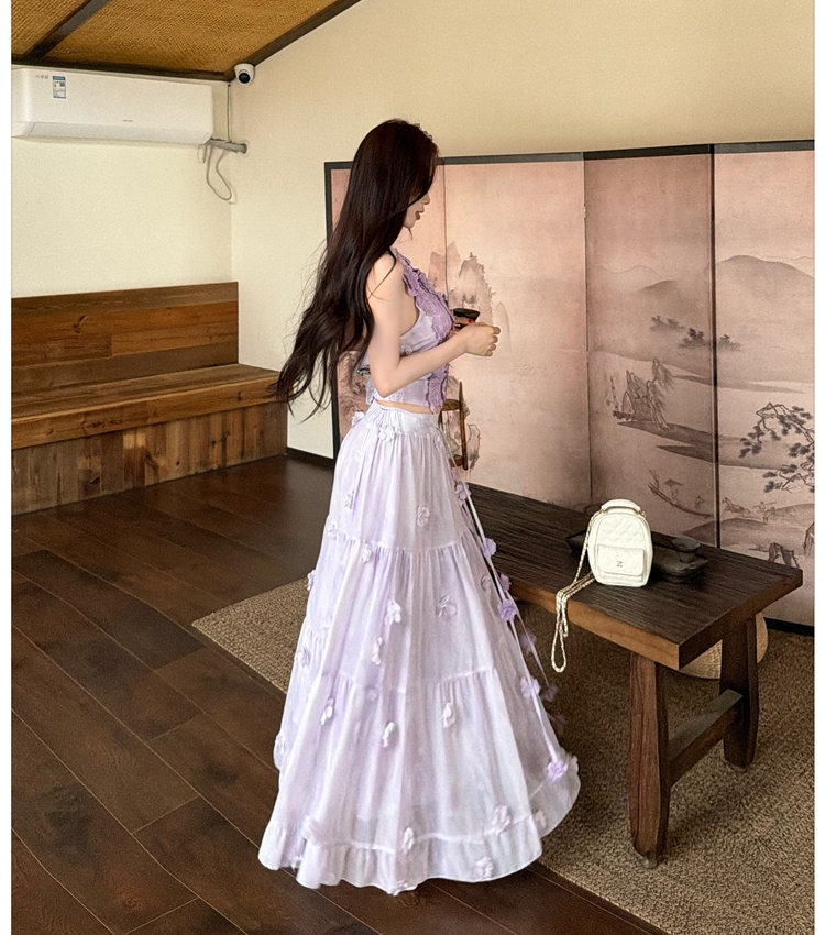 Summer half halter tops gradient lace skirt 2pcs set