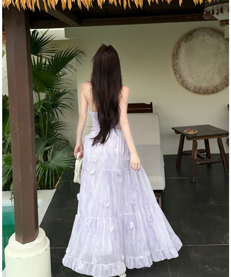 Summer half halter tops gradient lace skirt 2pcs set