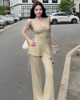 V-neck long pants Korean style tops 2pcs set for women