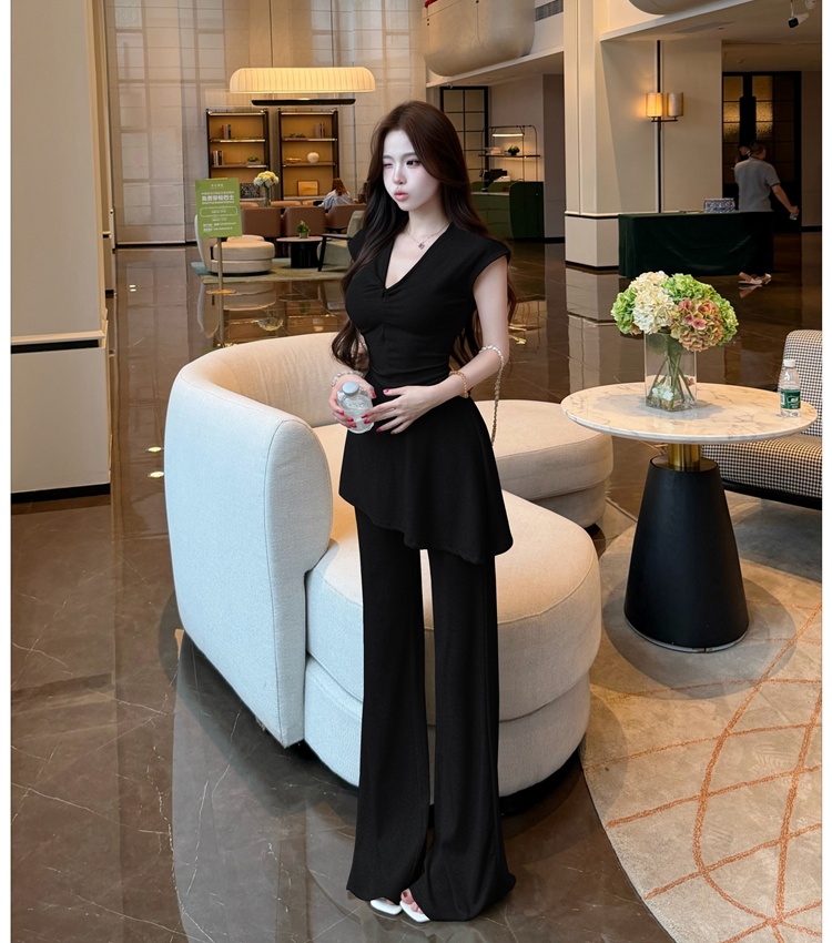 V-neck long pants Korean style tops 2pcs set for women