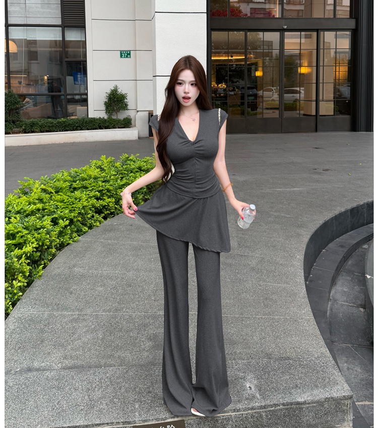 V-neck long pants Korean style tops 2pcs set for women