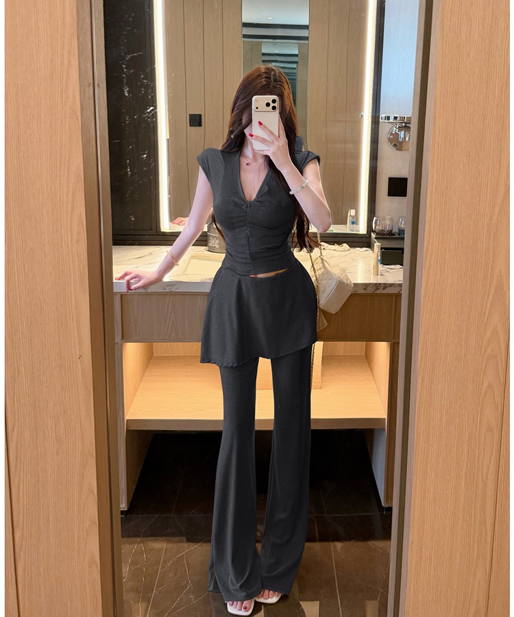 V-neck long pants Korean style tops 2pcs set for women