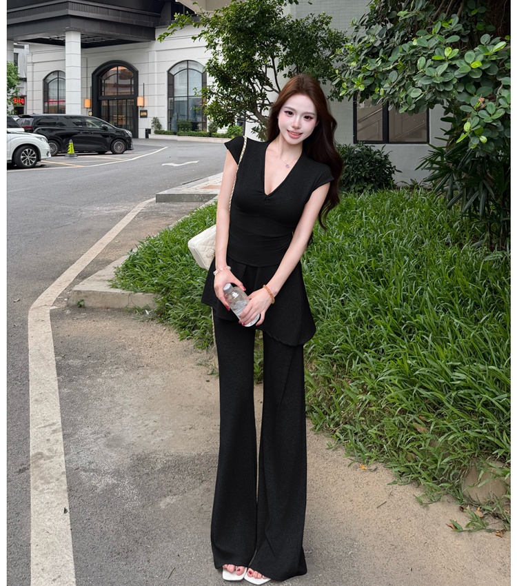 V-neck long pants Korean style tops 2pcs set for women