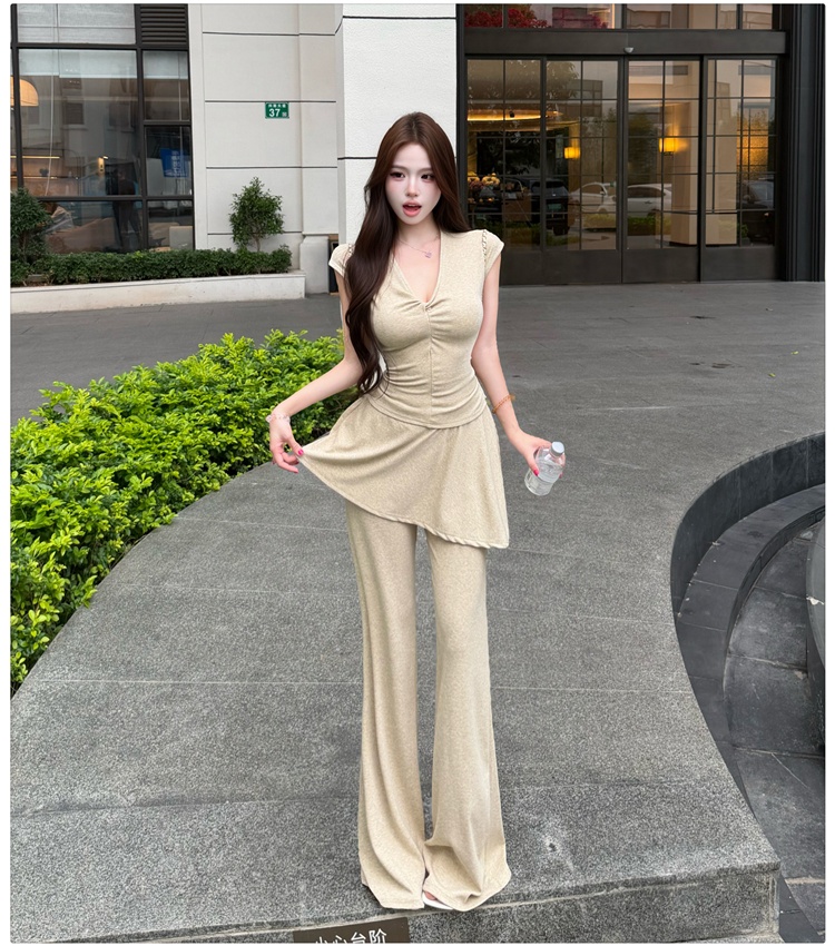 V-neck long pants Korean style tops 2pcs set for women