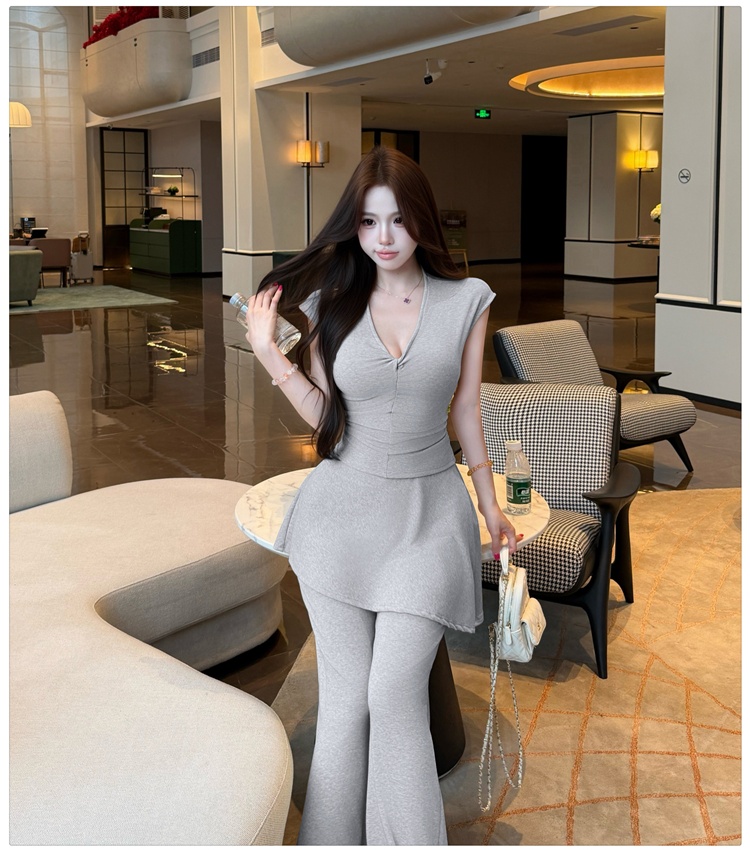V-neck long pants Korean style tops 2pcs set for women