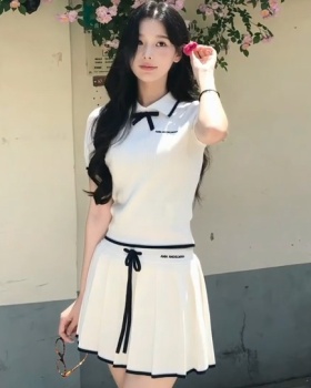 Bow mixed colors pleated skirt knitted splice A-line tops