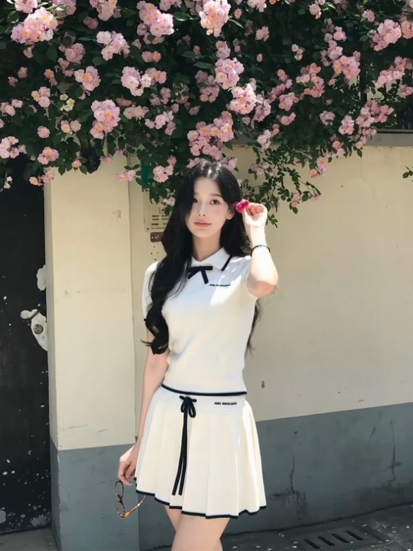 Bow mixed colors pleated skirt knitted splice A-line tops