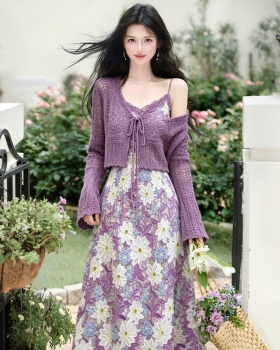 Embroidery purple dress collocation crochet coat 2pcs set