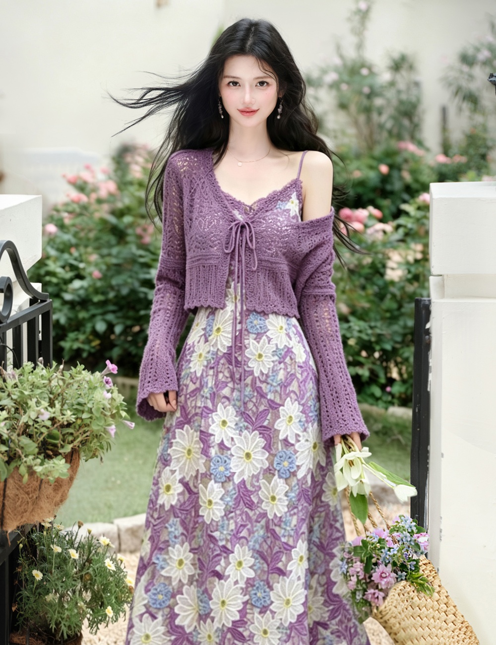 Embroidery purple dress collocation crochet coat 2pcs set