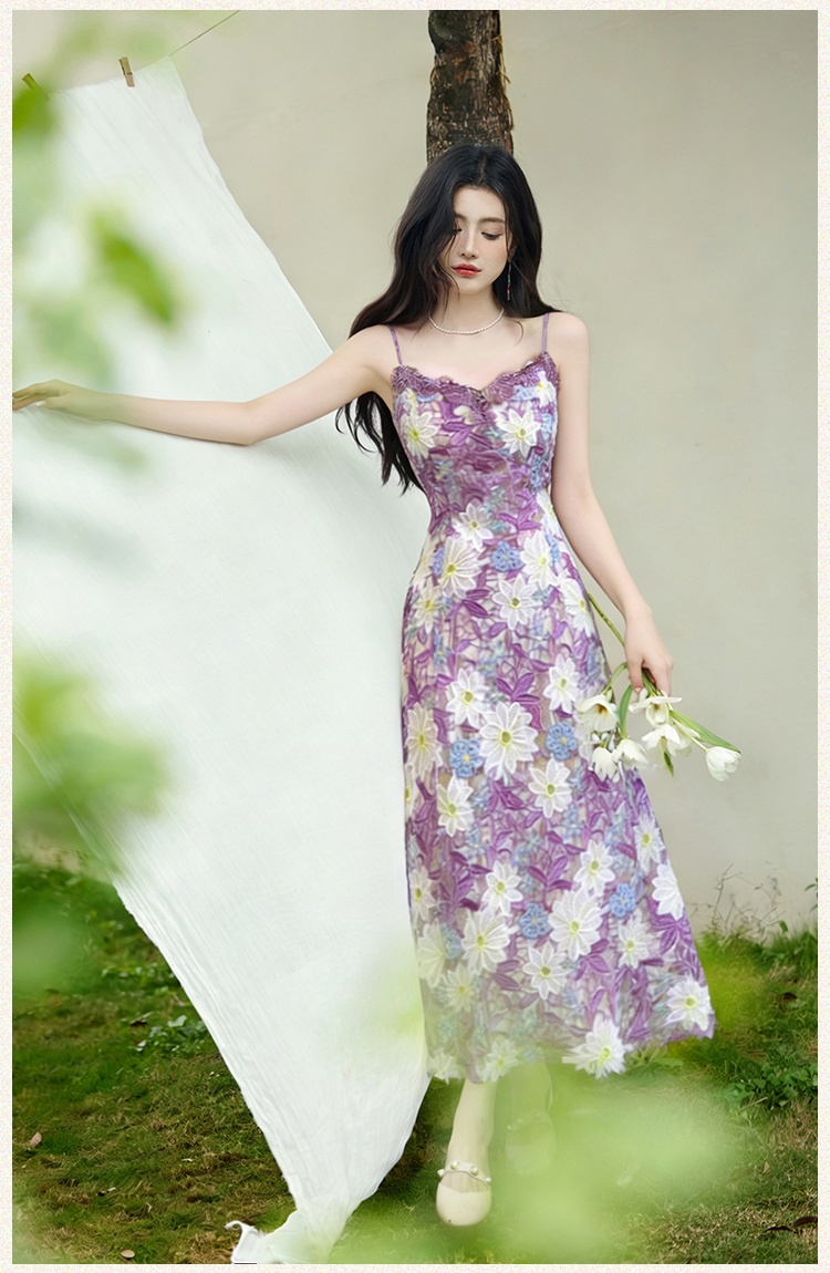 Embroidery purple dress collocation crochet coat 2pcs set