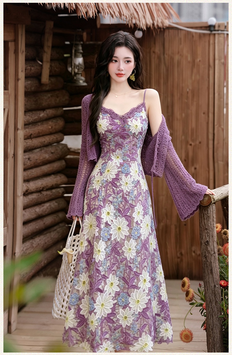 Embroidery purple dress collocation crochet coat 2pcs set