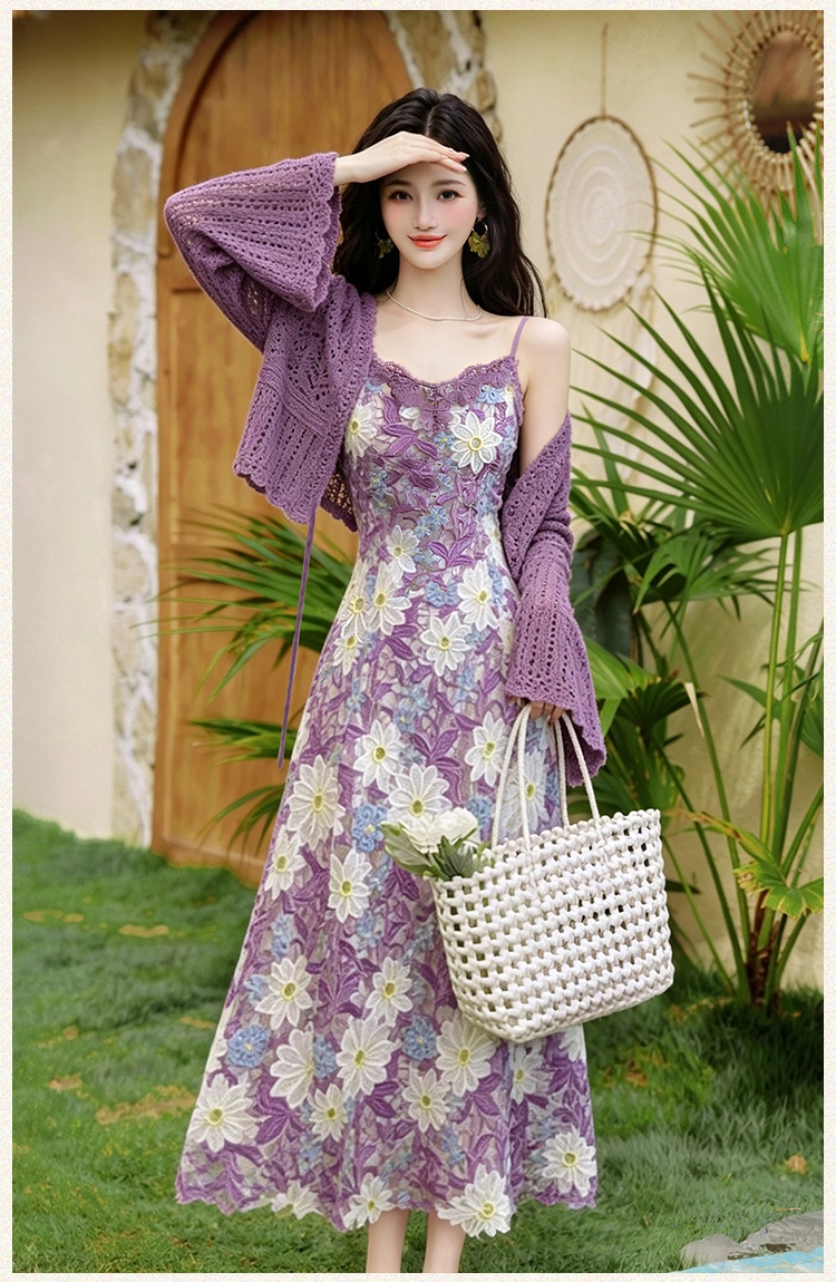 Embroidery purple dress collocation crochet coat 2pcs set