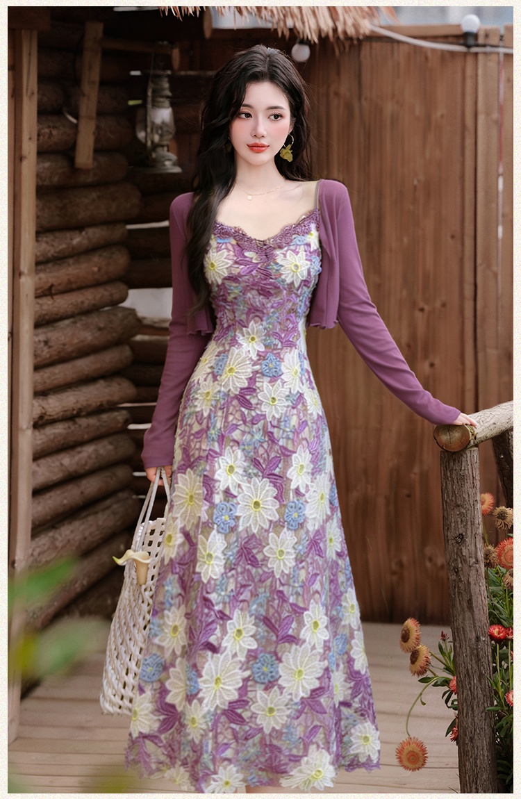 Embroidery purple dress collocation crochet coat 2pcs set