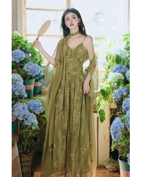 Lady sling dress vacation long dress 2pcs set