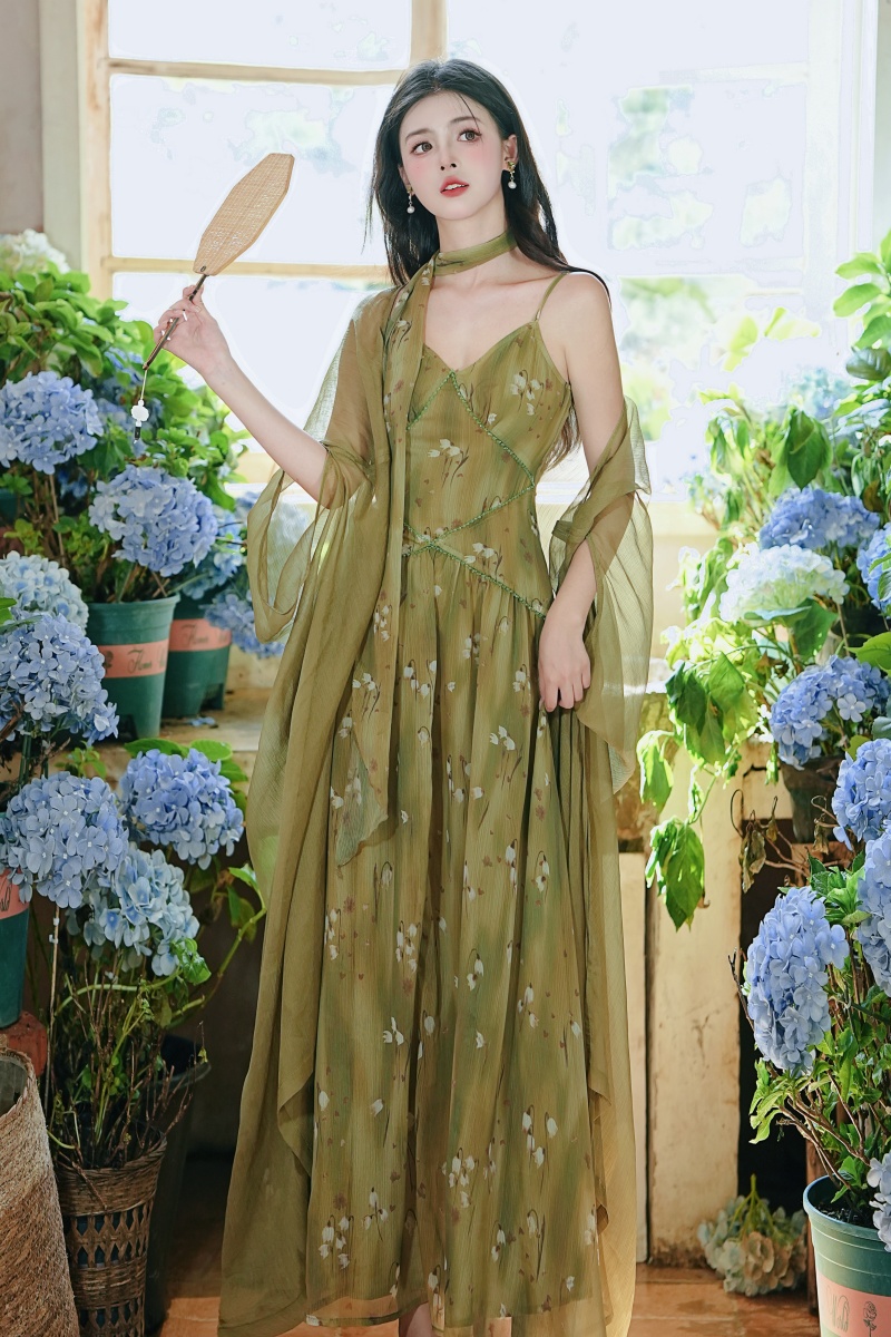 Lady sling dress vacation long dress 2pcs set