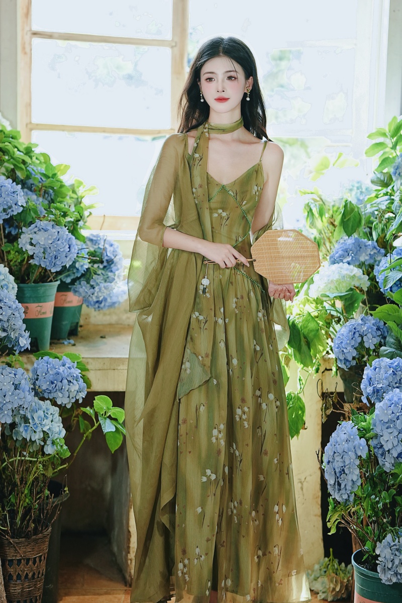 Lady sling dress vacation long dress 2pcs set