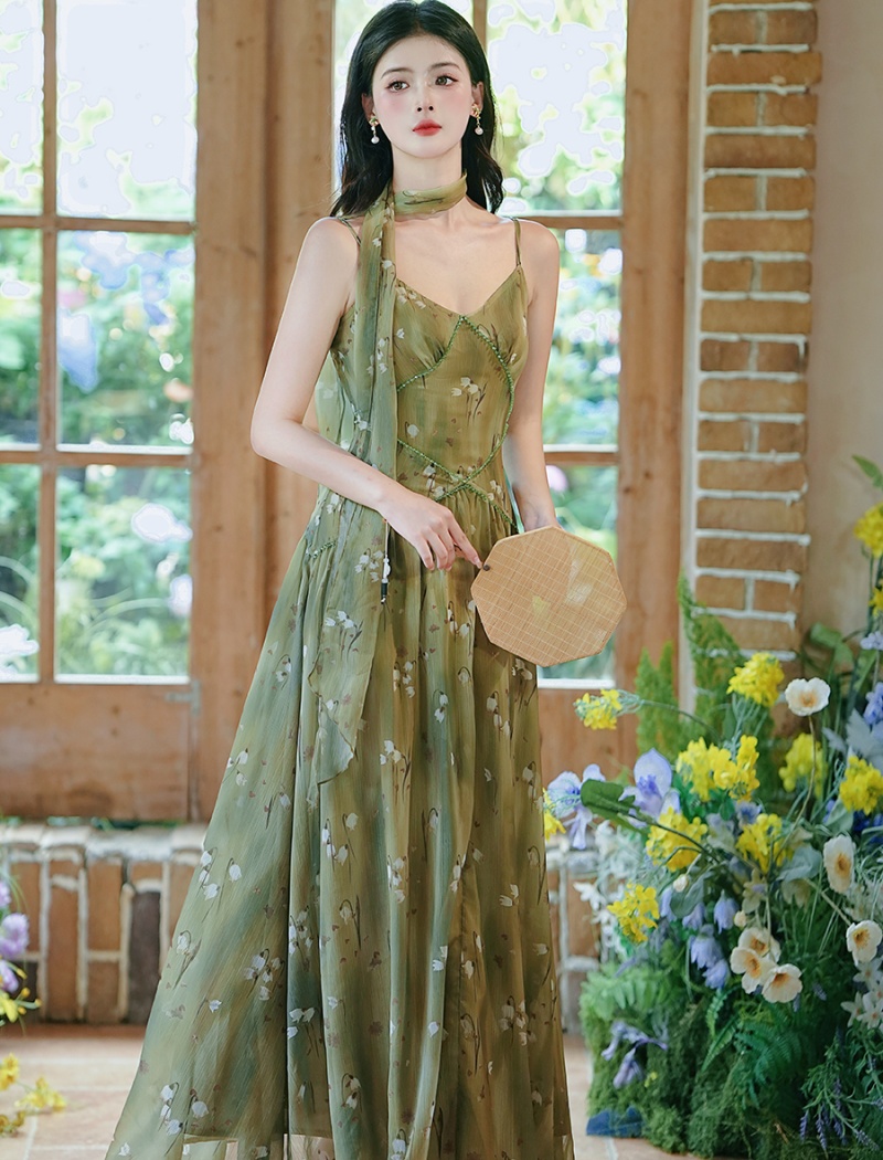 Lady sling dress vacation long dress 2pcs set