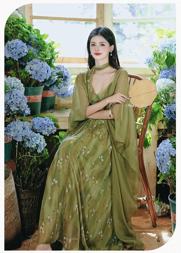 Lady sling dress vacation long dress 2pcs set