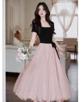 Square collar France style long dress spring and summer dress