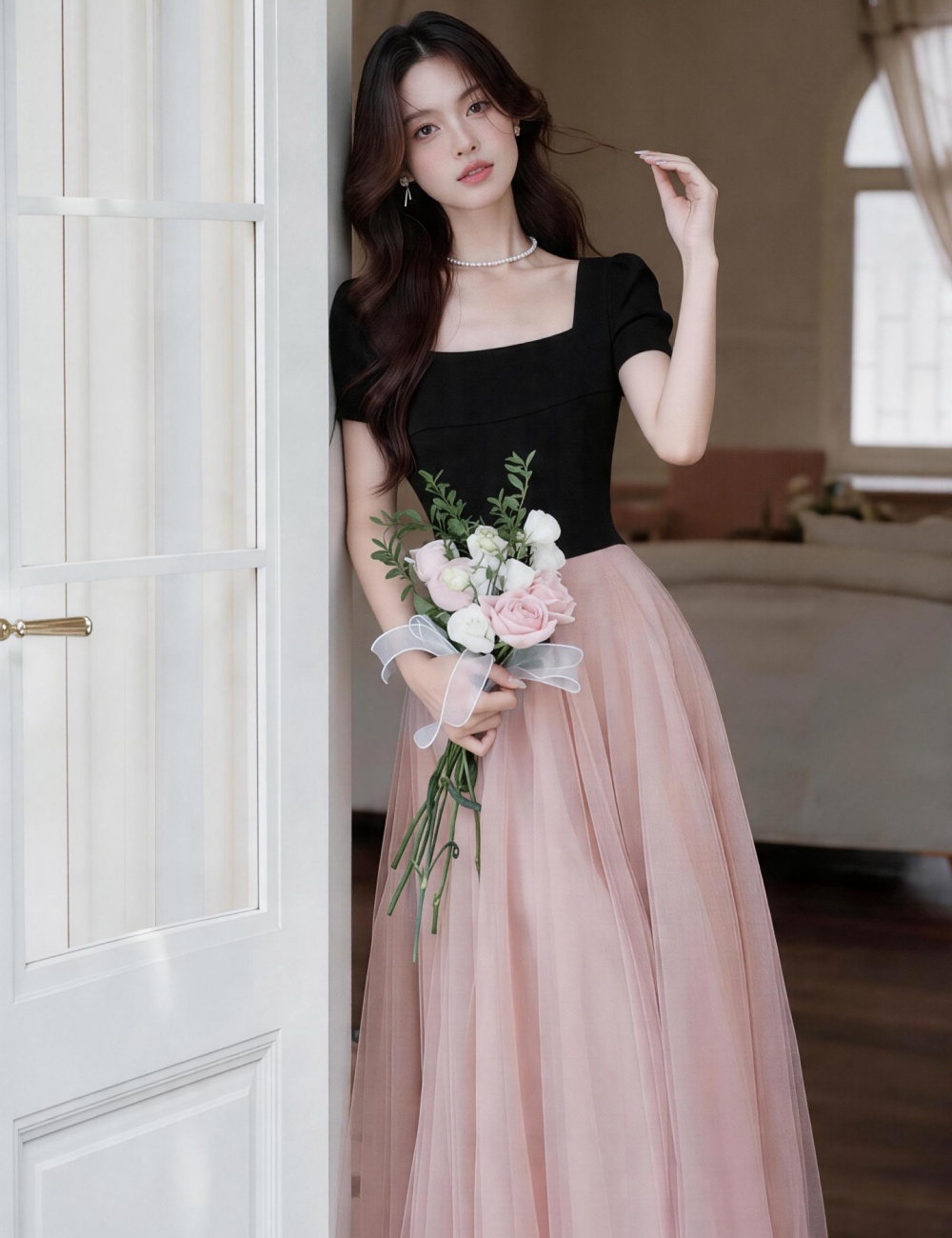 Square collar France style long dress spring and summer dress