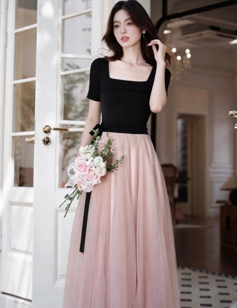 Square collar France style long dress spring and summer dress