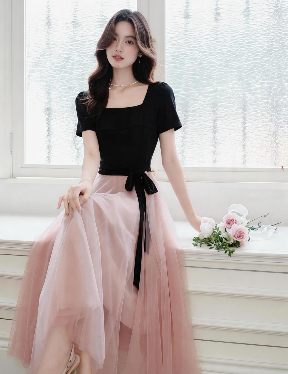 Square collar France style long dress spring and summer dress