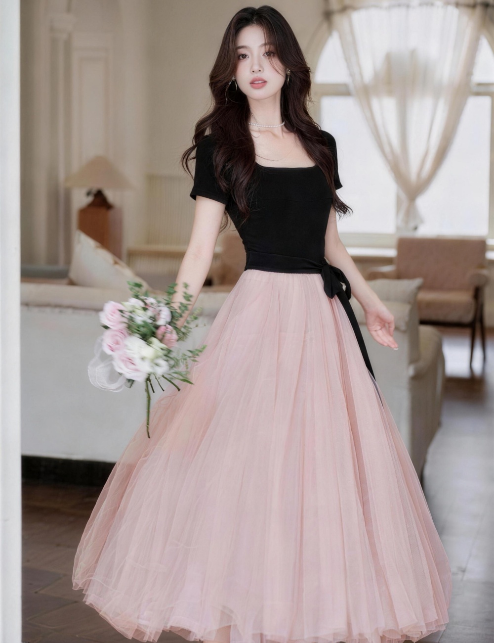Square collar France style long dress spring and summer dress